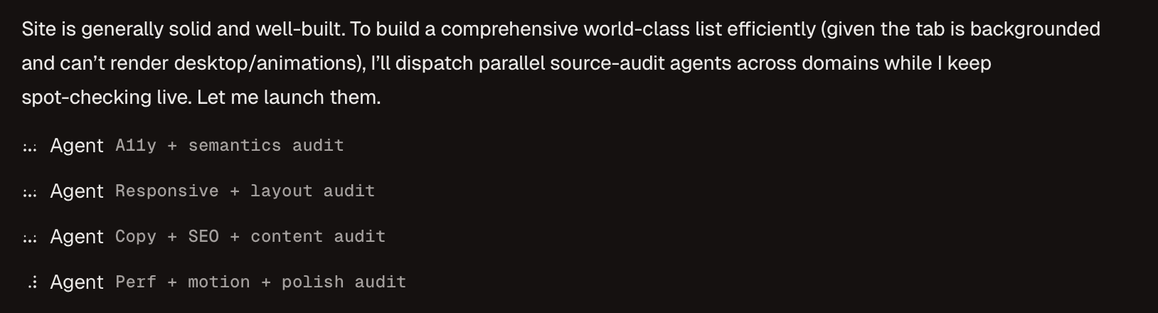 Candid Chrome QA dispatching parallel audit agents — A11y, responsive, copy, and performance agents running concurrently